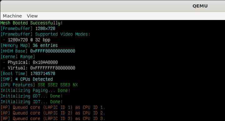 Mesh kernel boot log running under QEMU